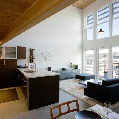 Open plan apartment interior.