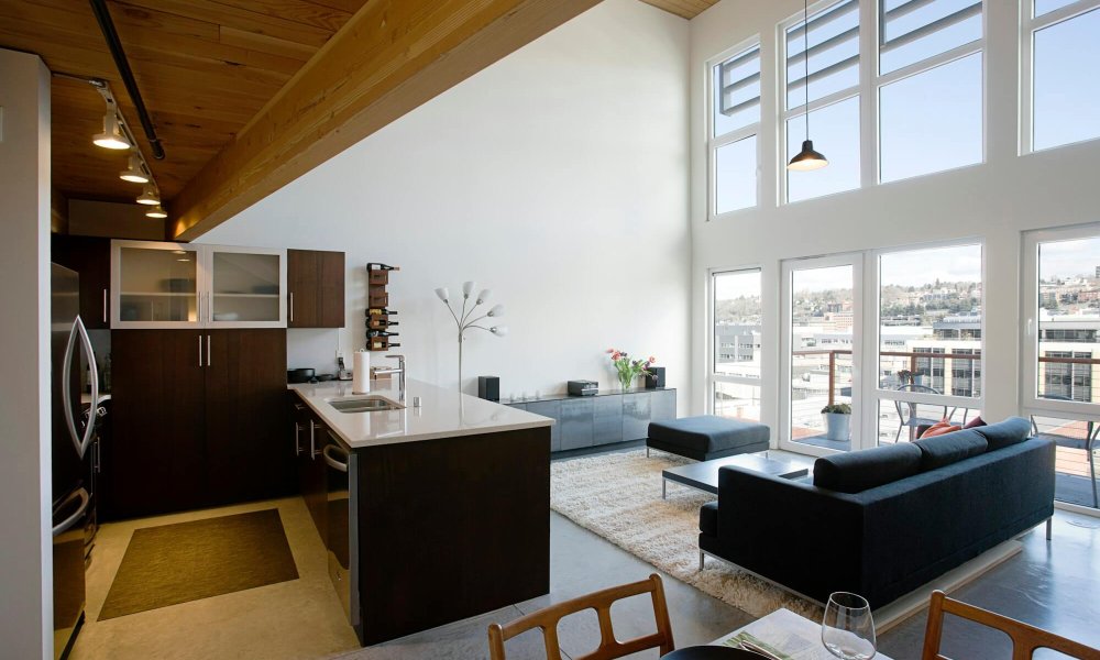 Open plan apartment interior.
