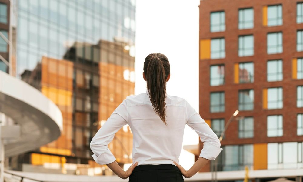 Rear view of businesswoman looking business buildings