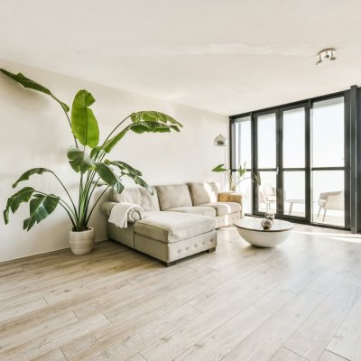 Studio apartment interior with wooden furniture