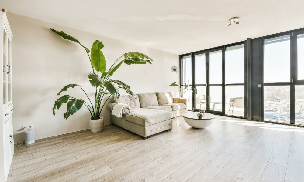 Studio apartment interior with wooden furniture