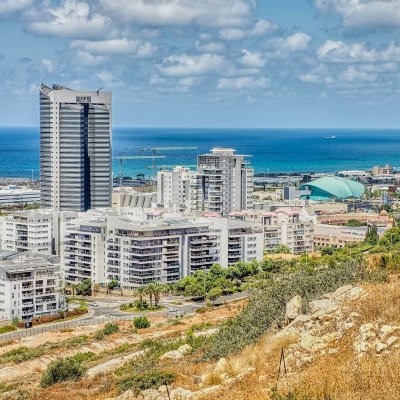 View of the Naot Peres district of Haifa, the stadium and the sea coast
