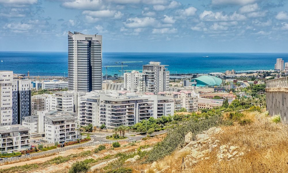 View of the Naot Peres district of Haifa, the stadium and the sea coast